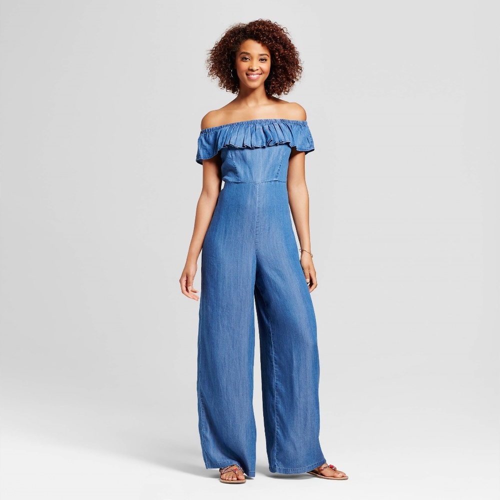 NEW Off The Shoulder Ruffle Chambray Jumpsuit [C3] - Picture 5 of 8